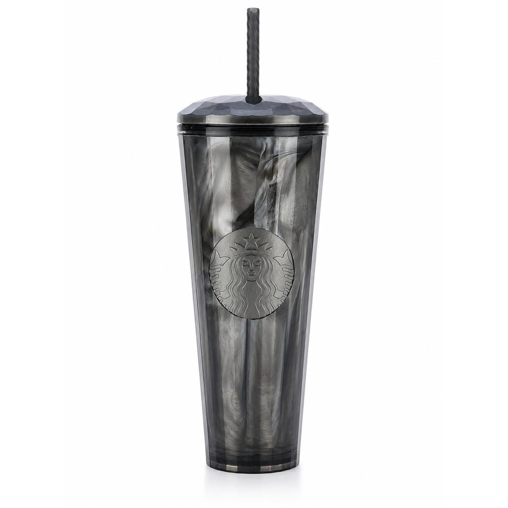 Starbucks 24 oz Faceted Cold Cup Tumbler Smoke Gray Graphite Siren Logo w/ Lid